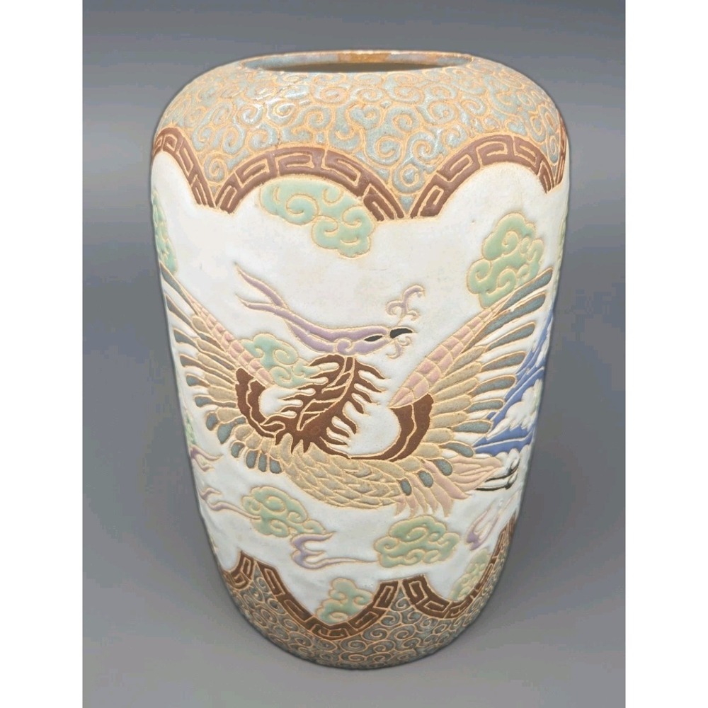 Antique Japanese Satsuma Dragon Phoenix Vase 11" - Picture 2 of 6